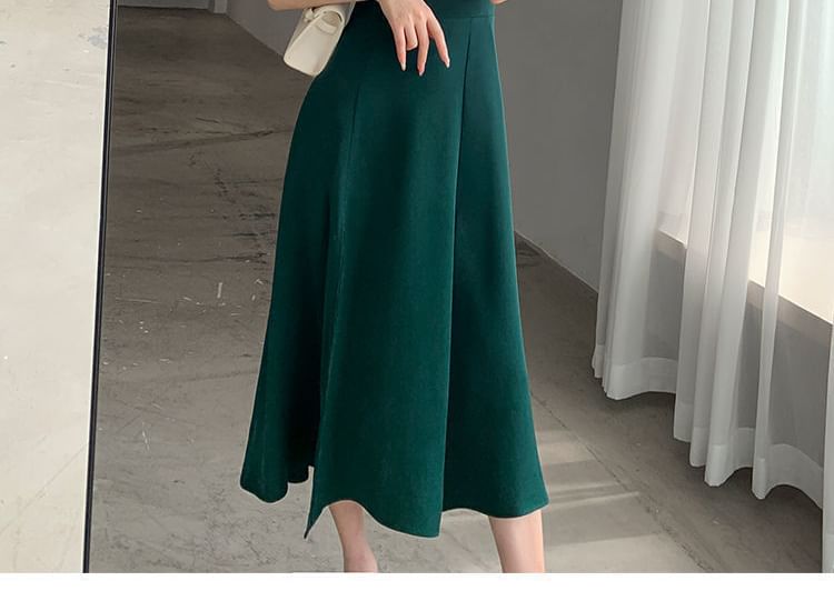 Puff Sleeve Plain Neck Dress Midi Slit Sweetheart A-Line