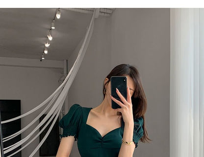 Puff Sleeve Plain Neck Dress Midi Slit Sweetheart A-Line