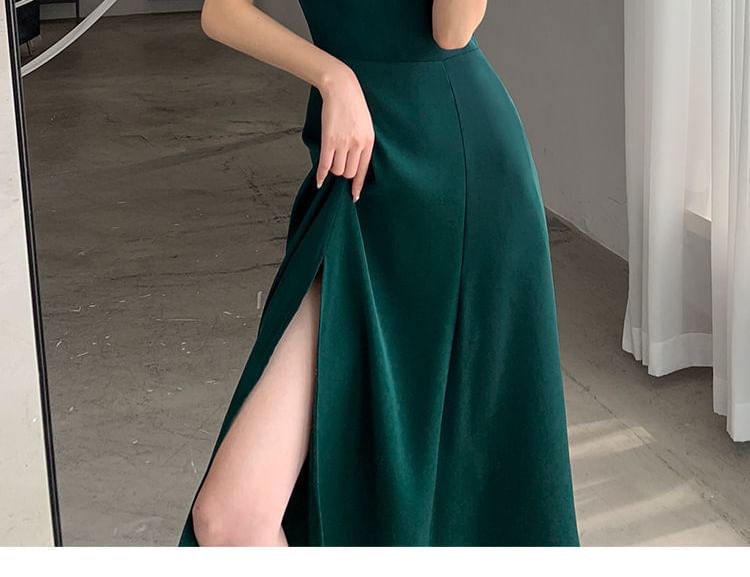 Puff Sleeve Plain Neck Dress Midi Slit Sweetheart A-Line