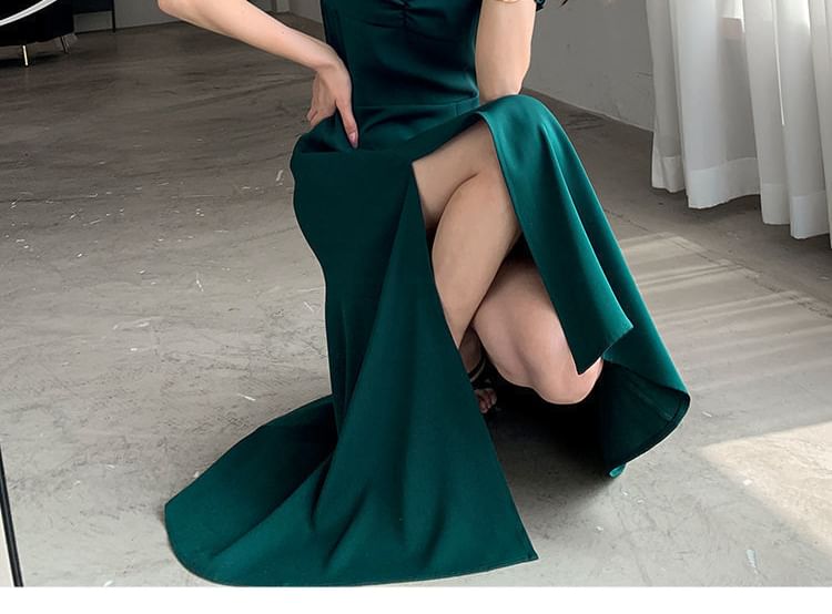 Puff Sleeve Plain Neck Dress Midi Slit Sweetheart A-Line