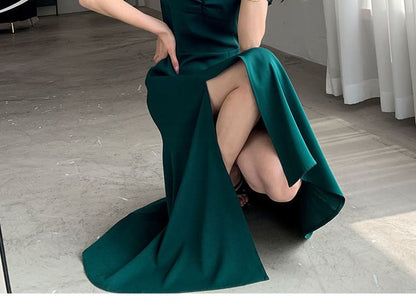Puff Sleeve Plain Neck Dress Midi Slit Sweetheart A-Line
