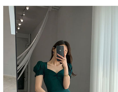 Puff Sleeve Plain Neck Dress Midi Slit Sweetheart A-Line