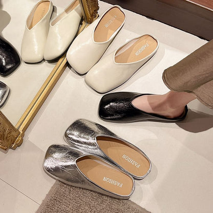 Mules Faux Square Toe Metallic Leather