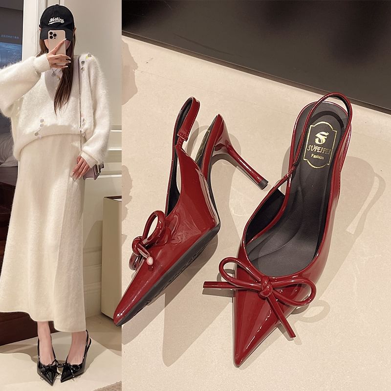 Pointed Sandals Bow Heel Stiletto Slingback Toe