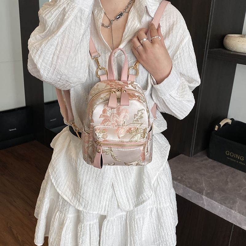 Multi-Pocket Embroidered Flower Backpack