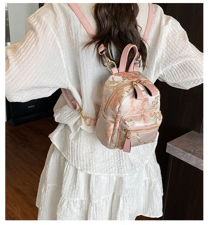 Multi-Pocket Embroidered Flower Backpack