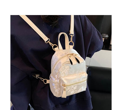 Multi-Pocket Embroidered Flower Backpack