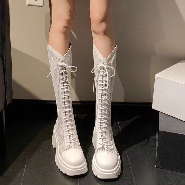 Boots Mesh Lace-Up Tall Platform Chunky Panel Heel