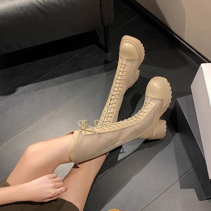 Boots Mesh Lace-Up Tall Platform Chunky Panel Heel