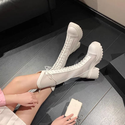 Boots Mesh Lace-Up Tall Platform Chunky Panel Heel