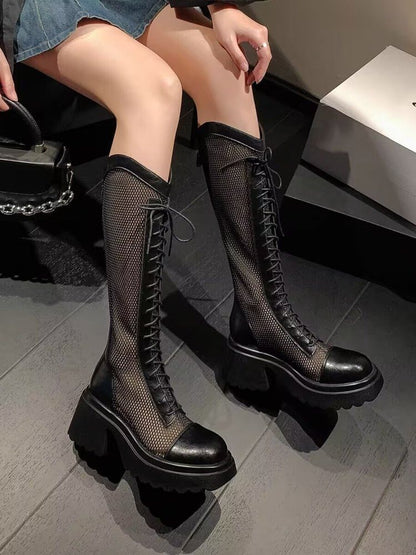 Boots Mesh Lace-Up Tall Platform Chunky Panel Heel