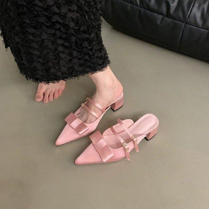 Bow Jane Heel Mary Pointed Toe Mules Chunky