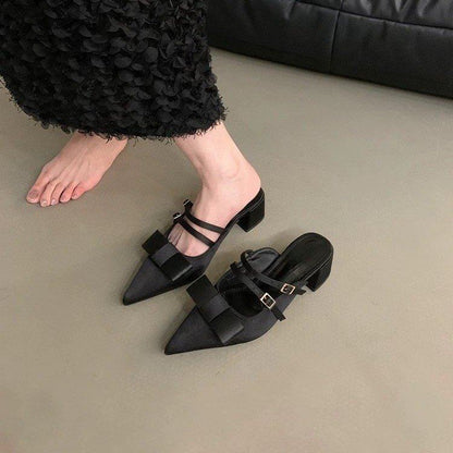 Bow Jane Heel Mary Pointed Toe Mules Chunky