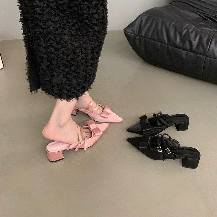 Bow Jane Heel Mary Pointed Toe Mules Chunky