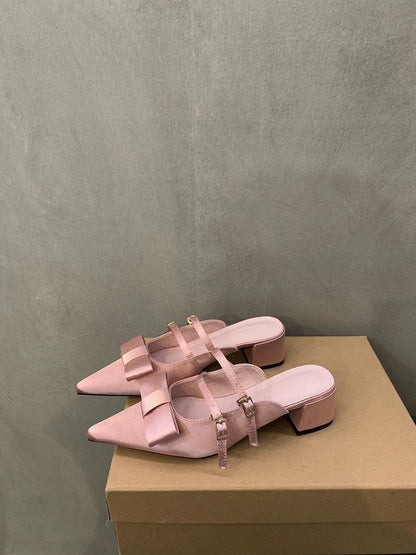 Bow Jane Heel Mary Pointed Toe Mules Chunky