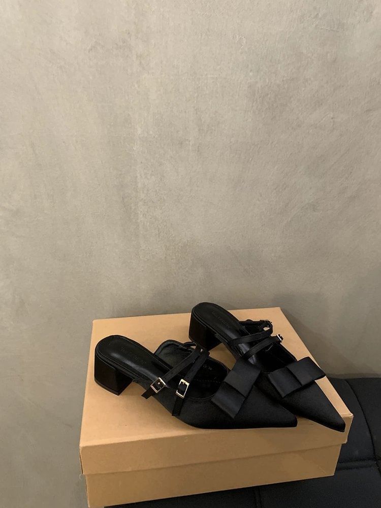 Bow Jane Heel Mary Pointed Toe Mules Chunky
