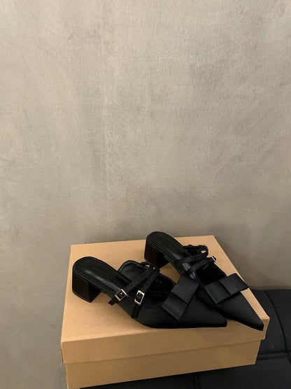 Bow Jane Heel Mary Pointed Toe Mules Chunky
