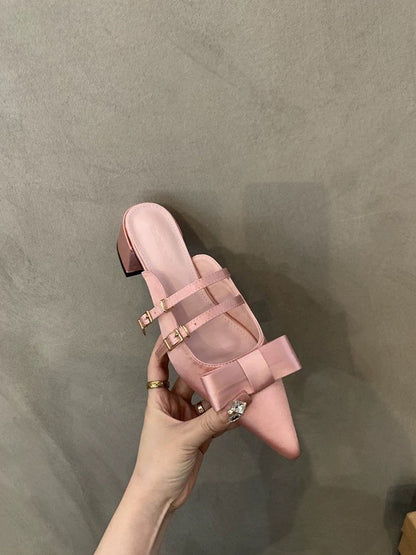 Bow Jane Heel Mary Pointed Toe Mules Chunky
