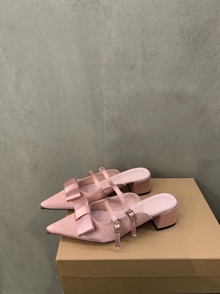 Bow Jane Heel Mary Pointed Toe Mules Chunky