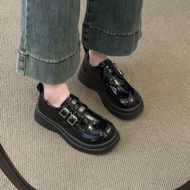 Platform Leather Faux Loafers Buckled