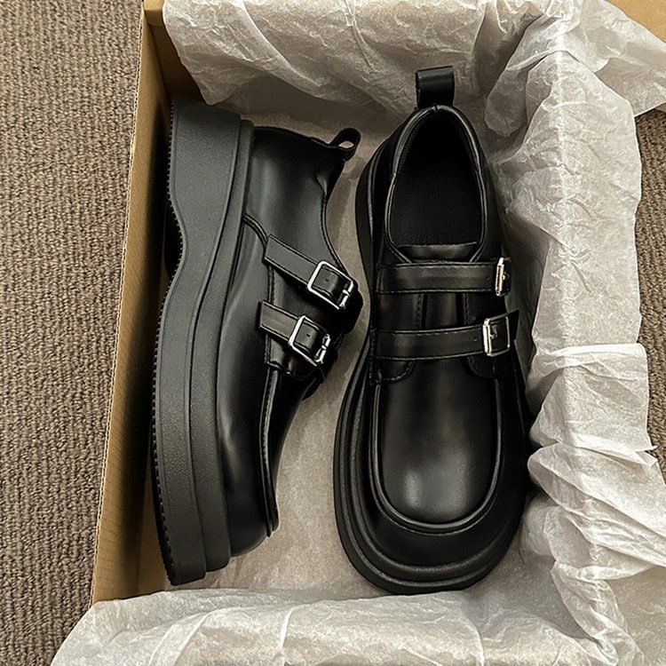 Platform Leather Faux Loafers Buckled