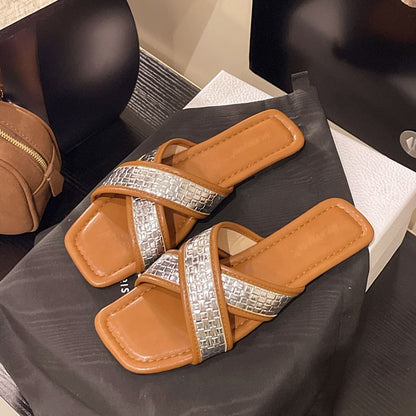 Strap Cross Slide Square-Toe Sandals
