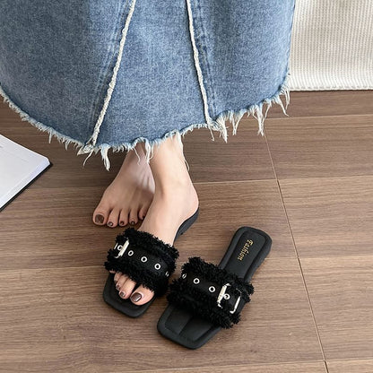 Tasseled Buckled Sandals Square-Toe Slide