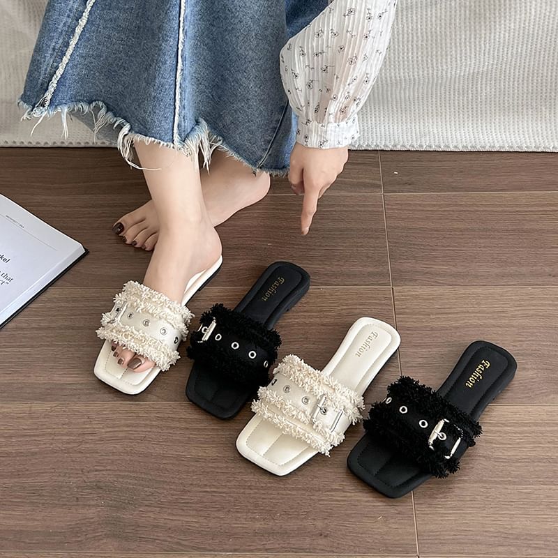 Tasseled Buckled Sandals Square-Toe Slide