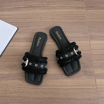 Tasseled Buckled Sandals Square-Toe Slide
