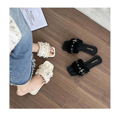 Tasseled Buckled Sandals Square-Toe Slide