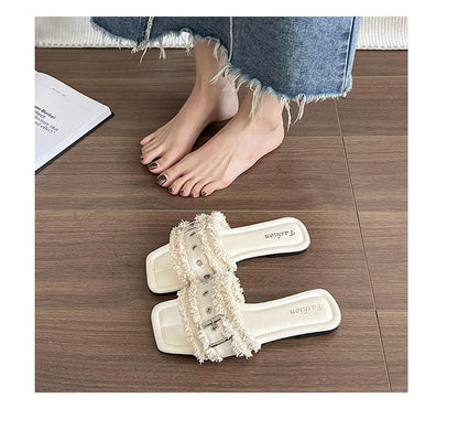 Tasseled Buckled Sandals Square-Toe Slide