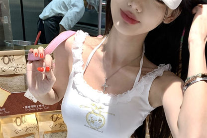 Lace Crop Cartoon Top Cami Print Trim