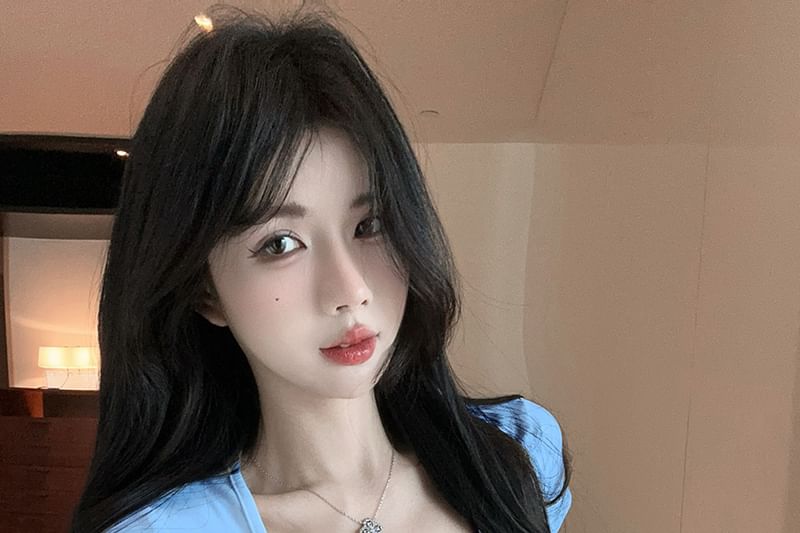 Crop Lace Fit Neck Slim T-Shirt Short-Sleeve Bow Trim Square