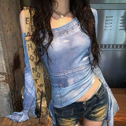 Print Crop Slim Neck Fit Asymmetrical Long-Sleeve Tee