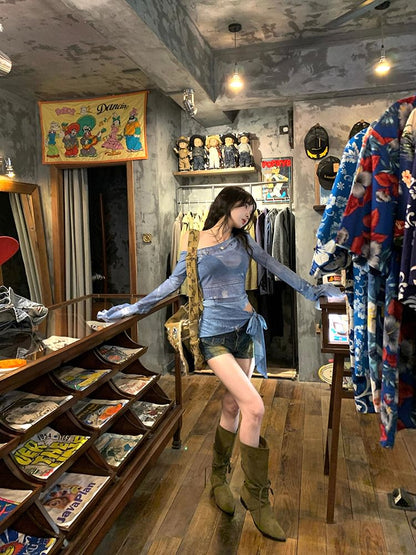 Print Crop Slim Neck Fit Asymmetrical Long-Sleeve Tee