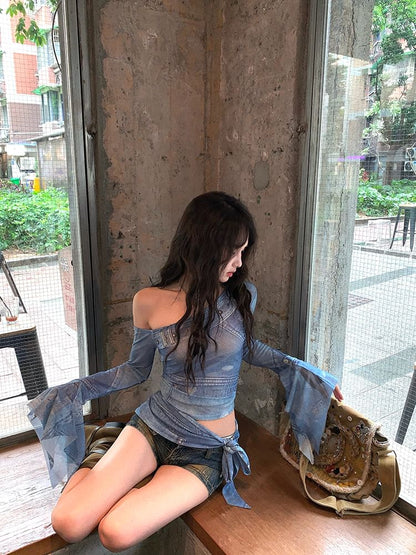 Print Crop Slim Neck Fit Asymmetrical Long-Sleeve Tee