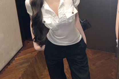 Short-Sleeve Fit Plain Collar Slim Tee