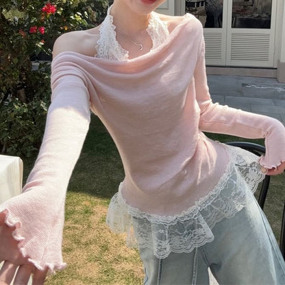 Lace Fit Mock Tee Slim Panel Halter Long-Sleeve Two-Piece