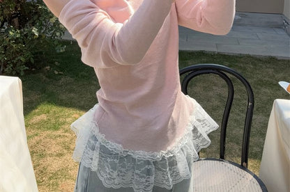 Lace Fit Mock Tee Slim Panel Halter Long-Sleeve Two-Piece