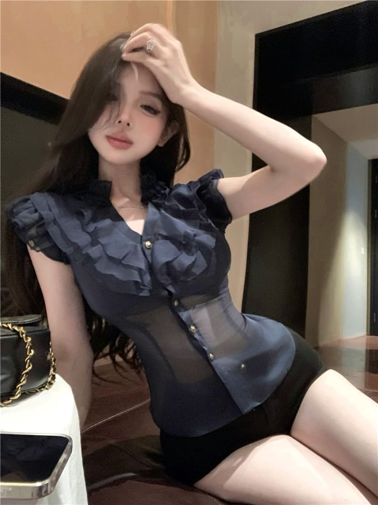 Slim Cap-Sleeve Ruffle Fit Plain Blouse Trim