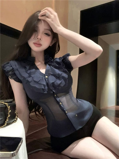 Slim Cap-Sleeve Ruffle Fit Plain Blouse Trim