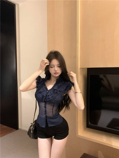 Slim Cap-Sleeve Ruffle Fit Plain Blouse Trim