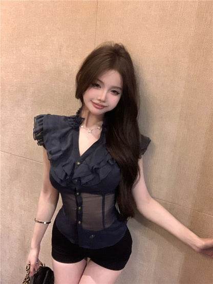 Slim Cap-Sleeve Ruffle Fit Plain Blouse Trim