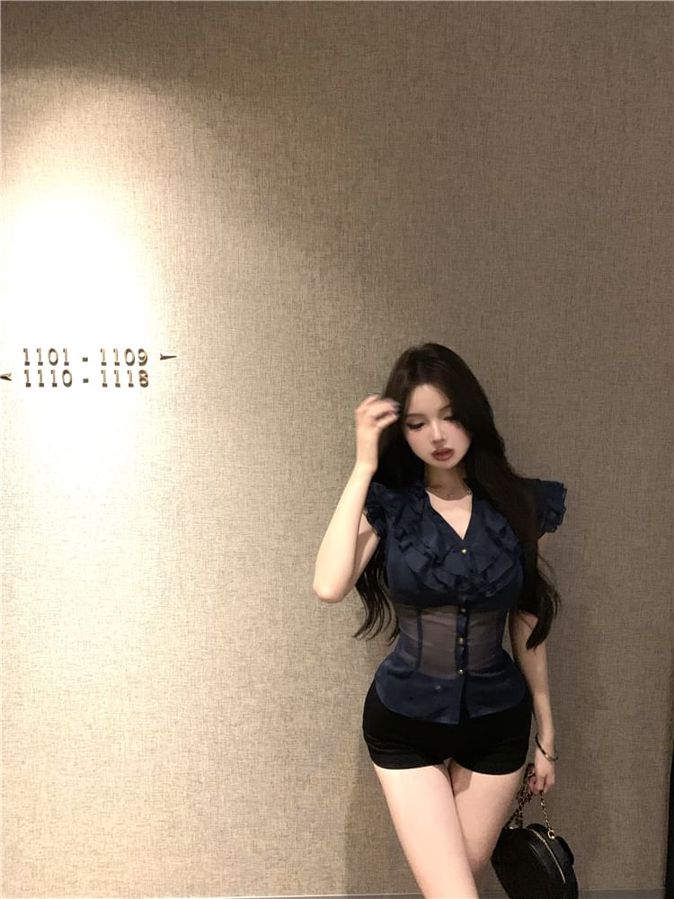 Slim Cap-Sleeve Ruffle Fit Plain Blouse Trim