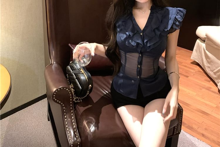 Slim Cap-Sleeve Ruffle Fit Plain Blouse Trim