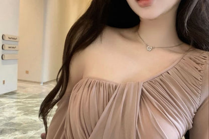 Ruched Blouse Plain Long-Sleeve Off-Shoulder Asymmetrical Neck