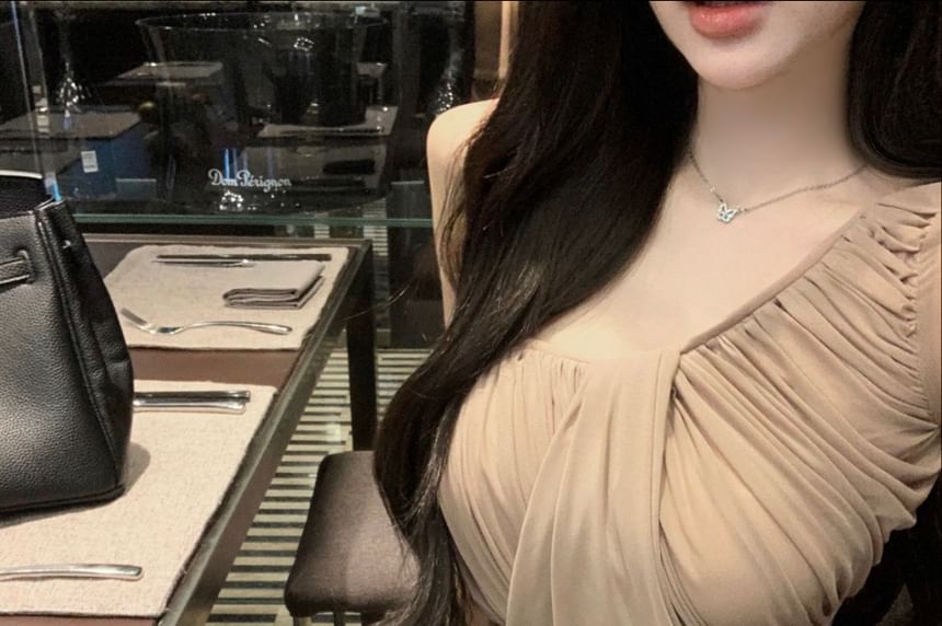 Ruched Blouse Plain Long-Sleeve Off-Shoulder Asymmetrical Neck