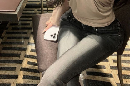 Ruched Blouse Plain Long-Sleeve Off-Shoulder Asymmetrical Neck