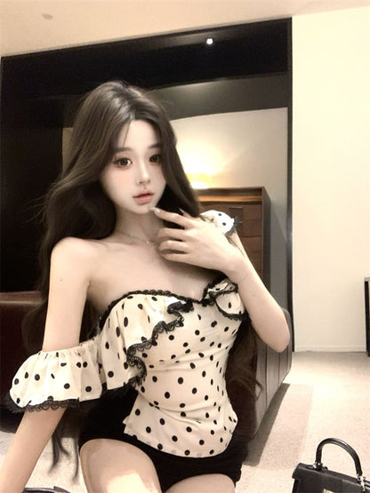 Lace Top Cap-Sleeve / Ruffle Trim Tank Sheath Dress Maxi Slim Dotted Fit