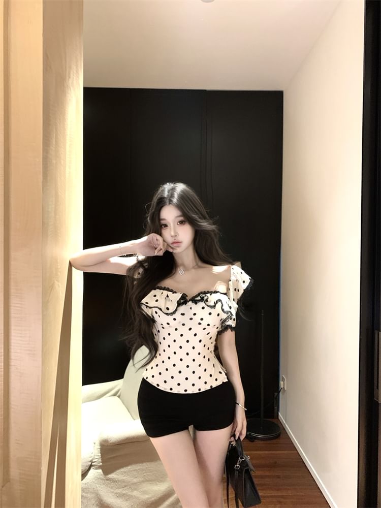 Lace Top Cap-Sleeve / Ruffle Trim Tank Sheath Dress Maxi Slim Dotted Fit